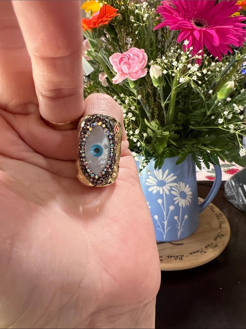 New Adjustable Gold-Tone Blue Evil Eye Statement Ring